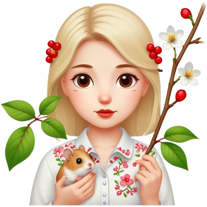 A Ukrainian girl in a white embroidered shirt holds a branch with a blossoming cherry and a hamster emoji