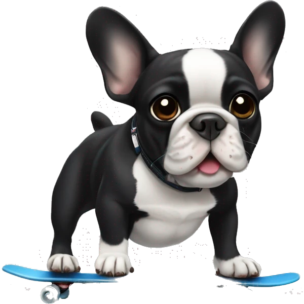 French bulldog black with a white zone under the mouth, skating emoji