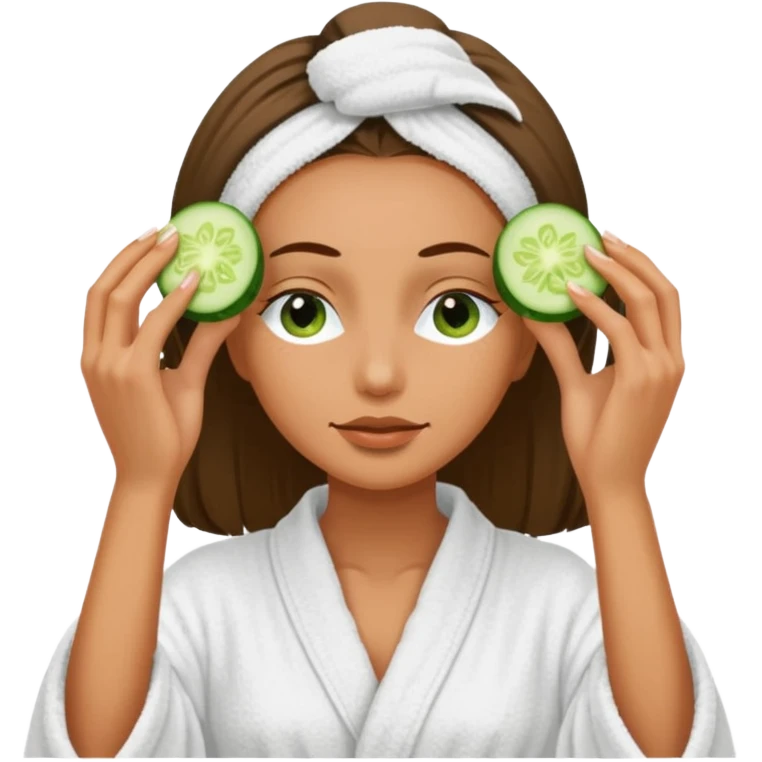 woman at the spa with cucumbers slices covering her eyes and tan skin tone with towel completely covering hair and robe on no hands showing emoji