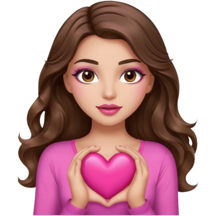 girl with long wavy brown hair, brown eyes, long lashes makeup, sexy pink lips, light to medium complexion, wearing a pink sexy top, squeezing a big heart emoji