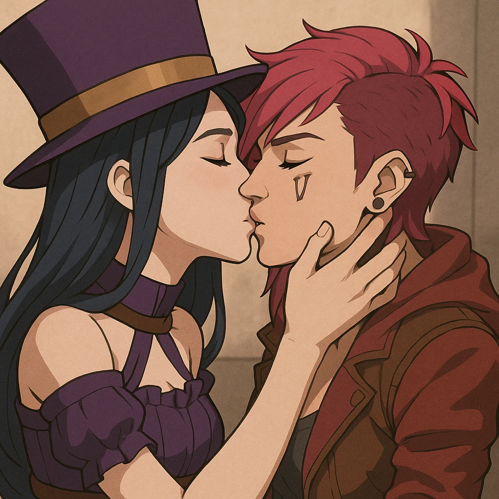 Caitlyn and Vi from League of Legends kissing each other emoji