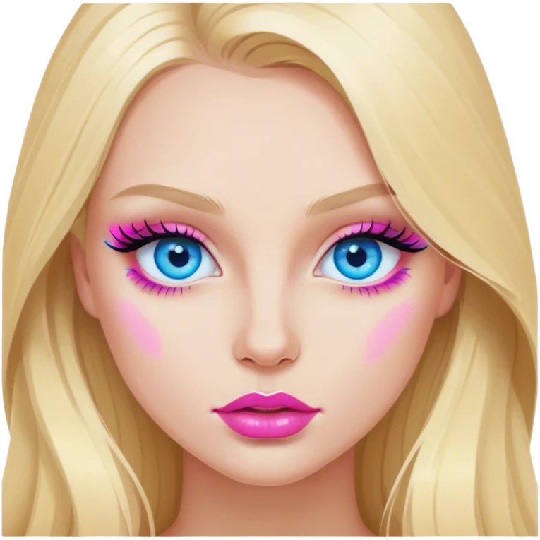 Cinematic realistic blonde with long hair, blue eyes and pink lips paints her eyelashes emoji