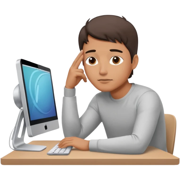 emoji of a man sitting at the table with an imac on it, a man is sitting in a very thoughtful pose, he has his hands on the table and his head resting on themб he look into the screen of imac emoji