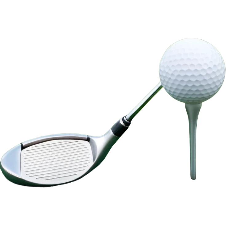 A golf ball on a tee with a golf club placed beside it, set against the backdrop of a well-manicured green golf course. The scene emphasizes the equipment and serene atmosphere of the sport, with soft lighting and a peaceful, open landscape emoji
