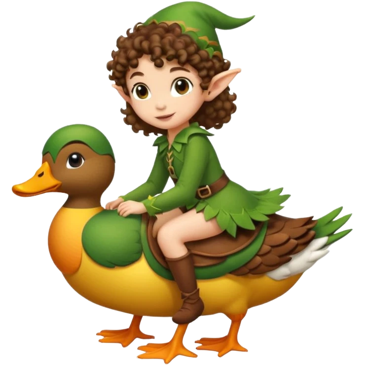 tiny forest elf short tight curly brown hair riding duck emoji