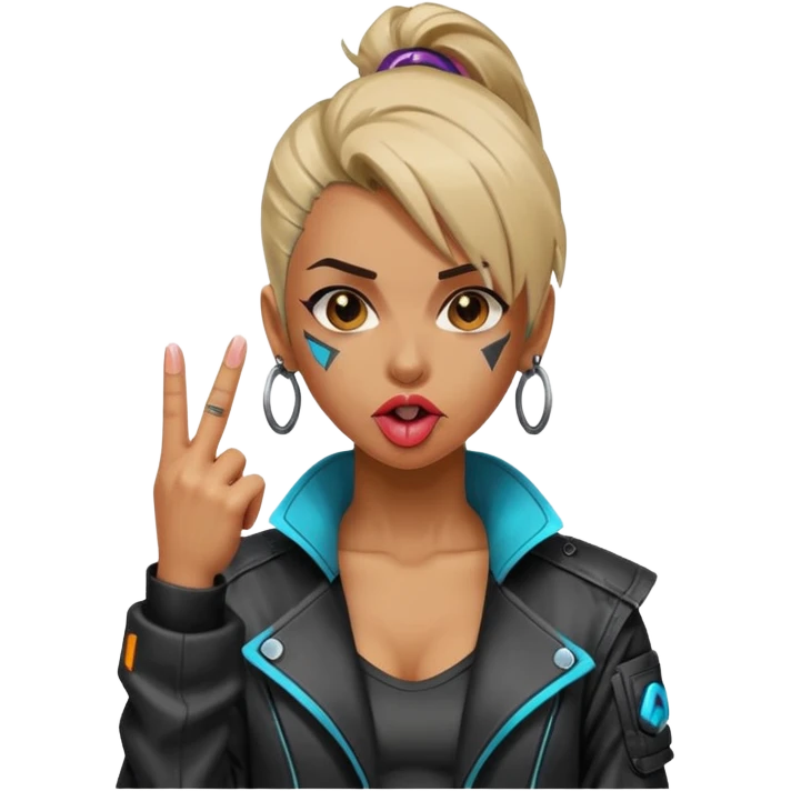 Woman with her tongue out in cyberpunk clothing and giving the middle finger. Looking naughty. emoji