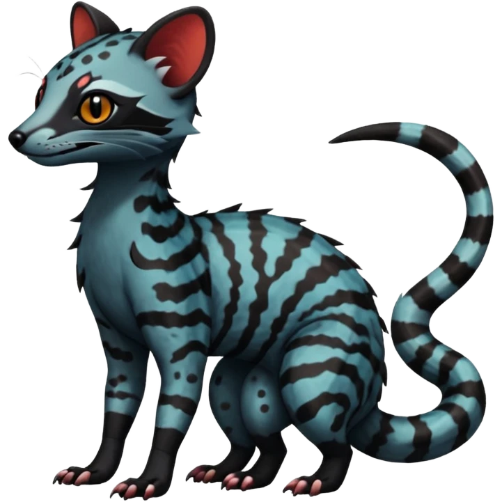 Rare warm-colored exotic edgy cute epic aesthetic spooky dark colorful Genet-Salandit-Civet-species-Fakemon-hybrid-creature, with beautiful intricate markings, full body emoji