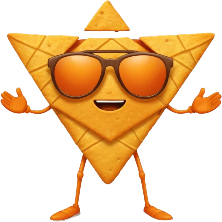 A dorito chip, with legs, arms, and a face. It can be seen wearing sunglasses emoji