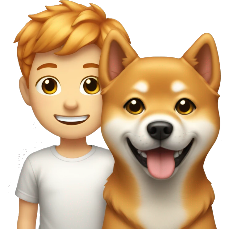 Golden Ginger boy 12 y o smiling with dog shiba inu  emoji