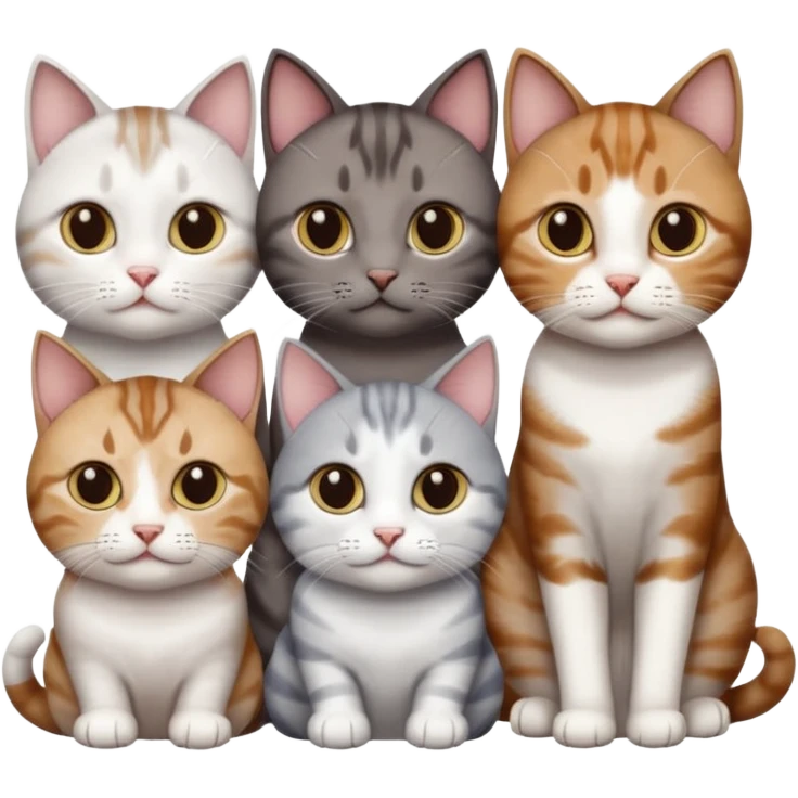 4 different coloured short haired cats including; a dark brown tabby and white cat, and a dark grey and white  emoji
