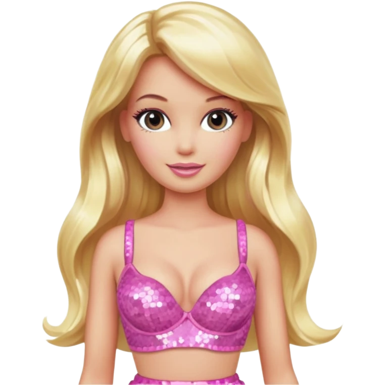 Barbie with long blonde hair, pink sequin bra, pink sequin skirt emoji