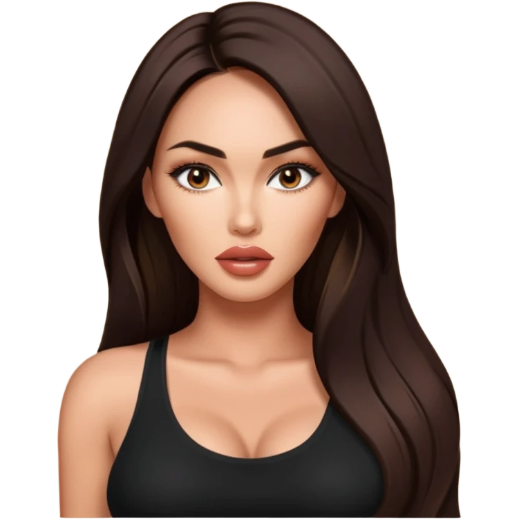 Megan fox, fashion model Beautiful woman model adult   large breasts  with monolid narrow dark brown eyes tan  skin, full lips  long hair model with black top   emoji