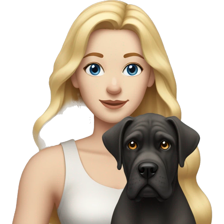 white woman with freckles, blue eyes and long blonde hair alongside a cane-corso dog  emoji