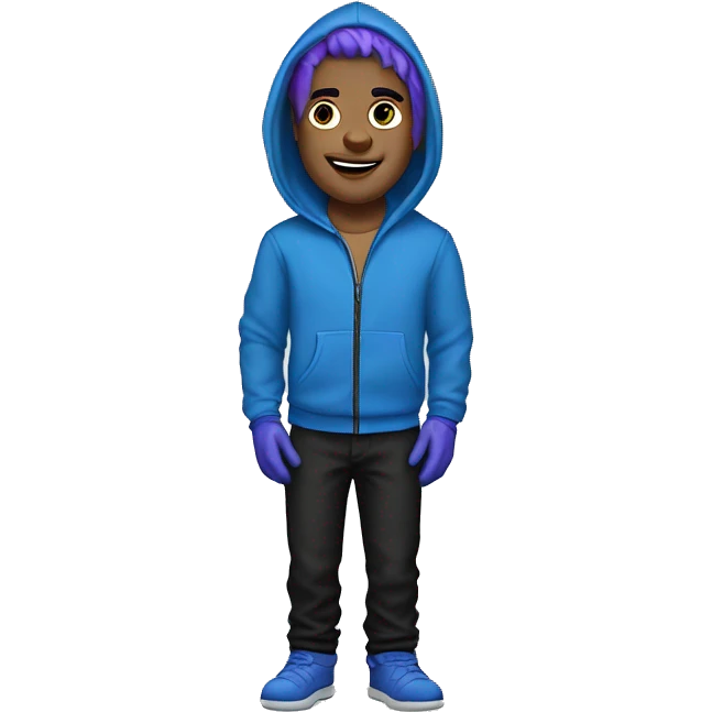 a man with blue hair, purple zipper hoodie, amarican, black pants, blue bike gloves, emoji