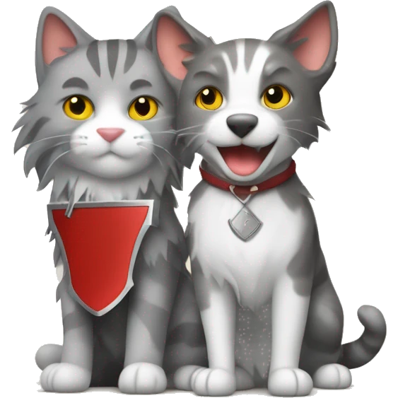 Gray tabby cat and a red tri border collie sword fighting emoji