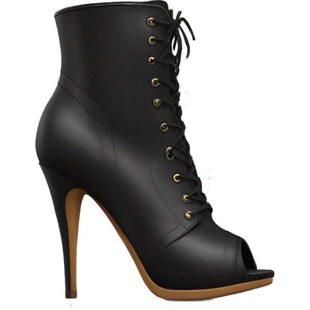 Realistic pair of black peep toe leather high heel bootie boots facing forward.  emoji