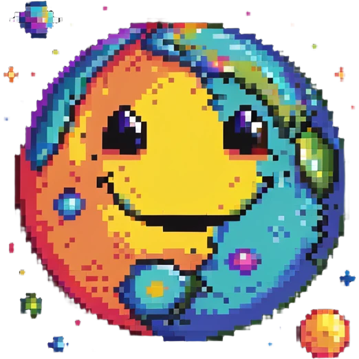 vibrant multicolored planet with bright spots and a happy smiling face emoji