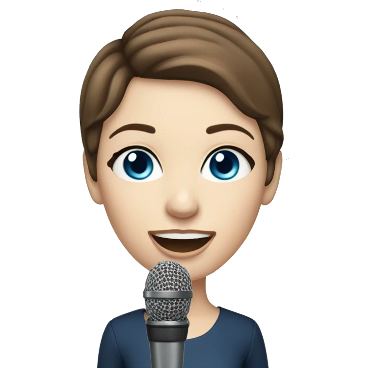 a woman with short brown hair, blue eyes, pale skin, singing into a microphone emoji