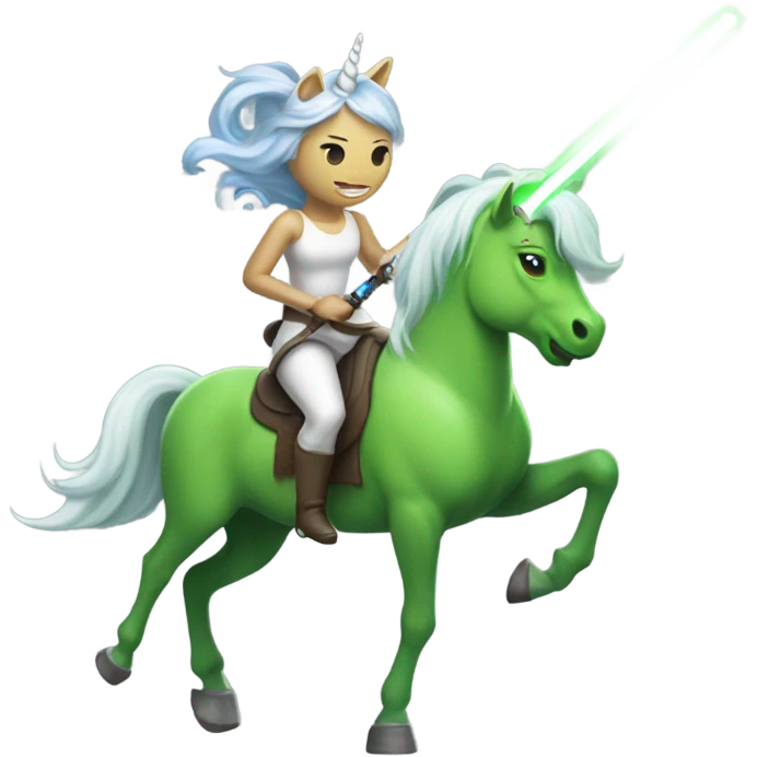 a unicorn with a green alien woman on it holding a lightsaber emoji