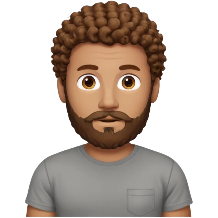 Curly-haired nightingale, with brown hair, a thick beard and a suvata to match the color of the hair on his head, large build, but not fat in a gray T-shirt, chest shot, IOS memoji style emoji