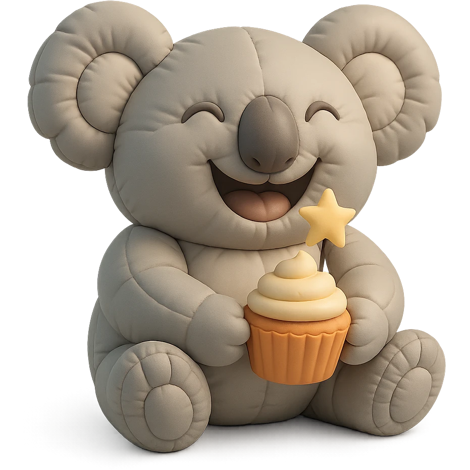 full-body laughing koala holding cupcake with star candle, cushion style emoji