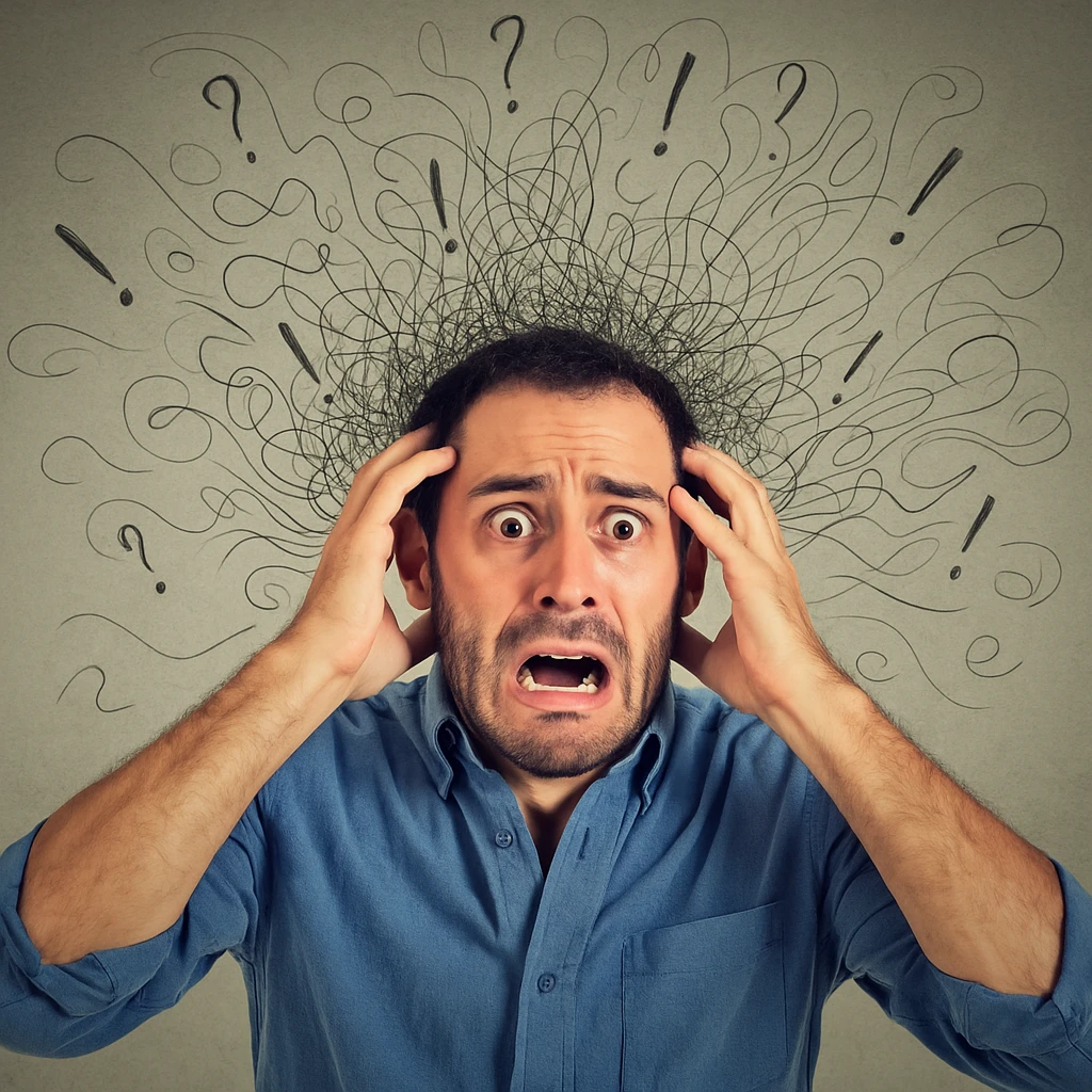Realistic or illustrative style image of a 30-year-old man suffering from anxiety, inspired by the reference image. The man has wide-open eyes and labored breathing. The background features symbols of panic and stress, conveying an atmosphere of anxiety crisis. emoji