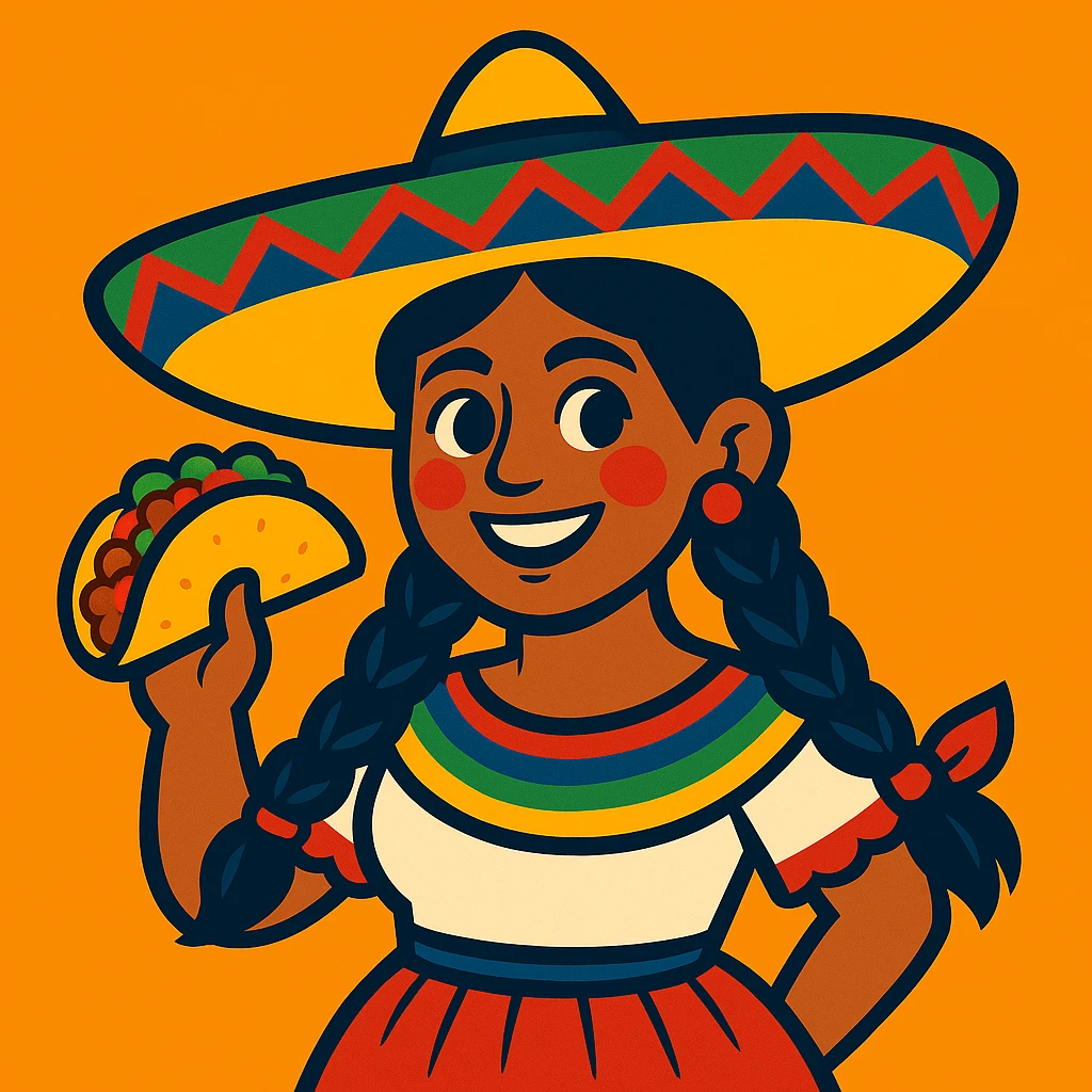 Make the Mexican woman appear more ugly by exaggerating unattractive features, while keeping the sombrero and taco, in vibrant toon style. emoji