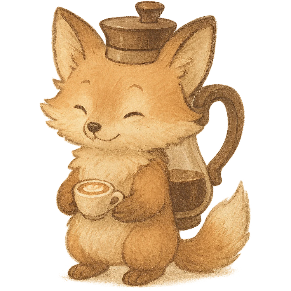 soft pastel fluffy fox with coffee maker elements holding a tiny latte cup, brown and beige tones, full-body emoji