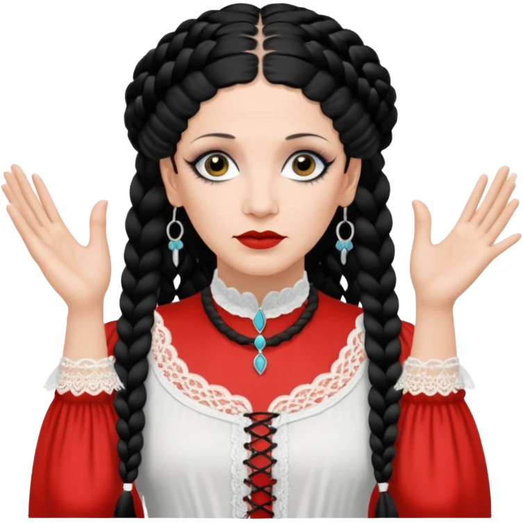 Lene Lovich as seen on the Stateless album cover with a typical symmetrical pose with her hands, lots of lace and braided hair emoji