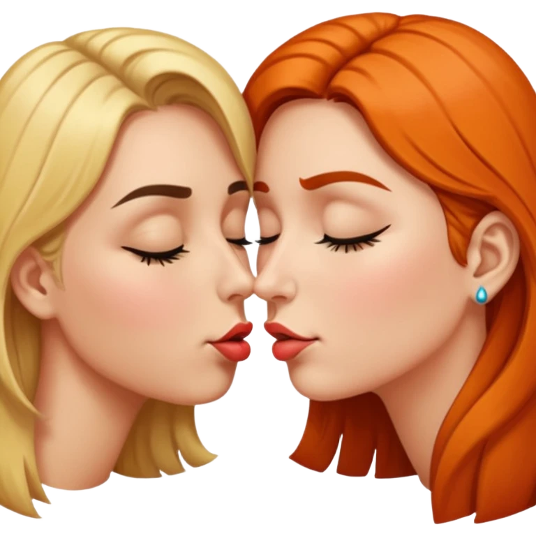 portrait two women nose-touch then kiss, one eye open teasing emoji