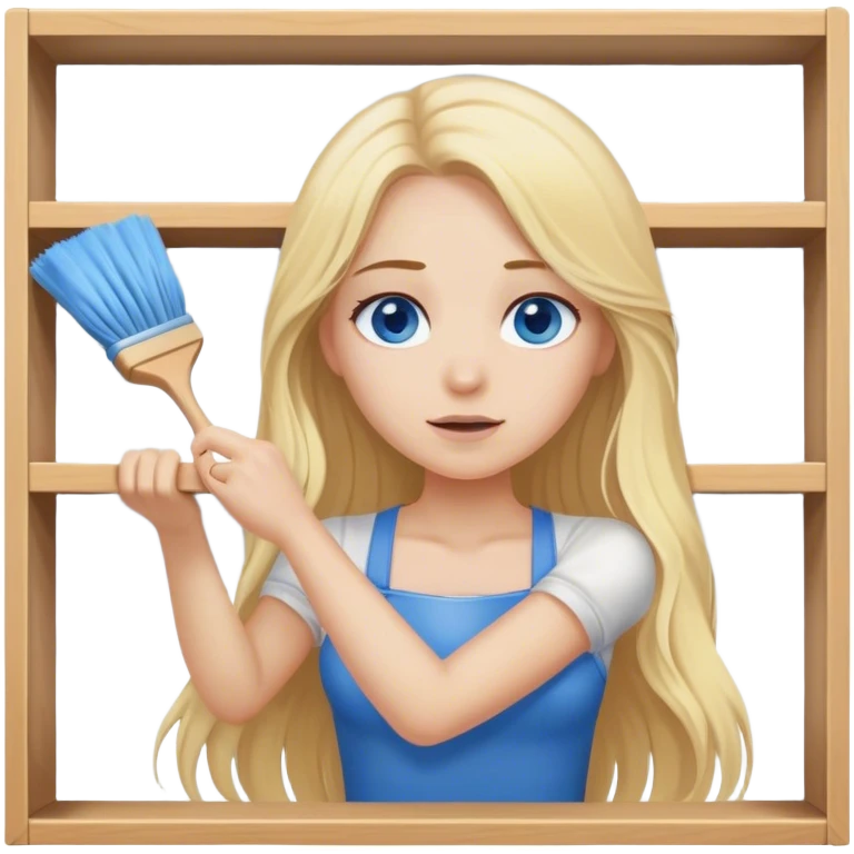 Cinematic realistic blonde with long hair, blue eyes wipes dust from a shelf emoji