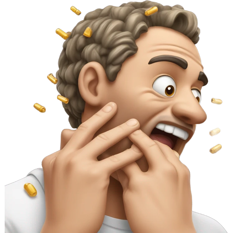 man biting nails on one hand, littles bits of nail flying away from his hand and beads of sweat on his face and flying from his his face emoji