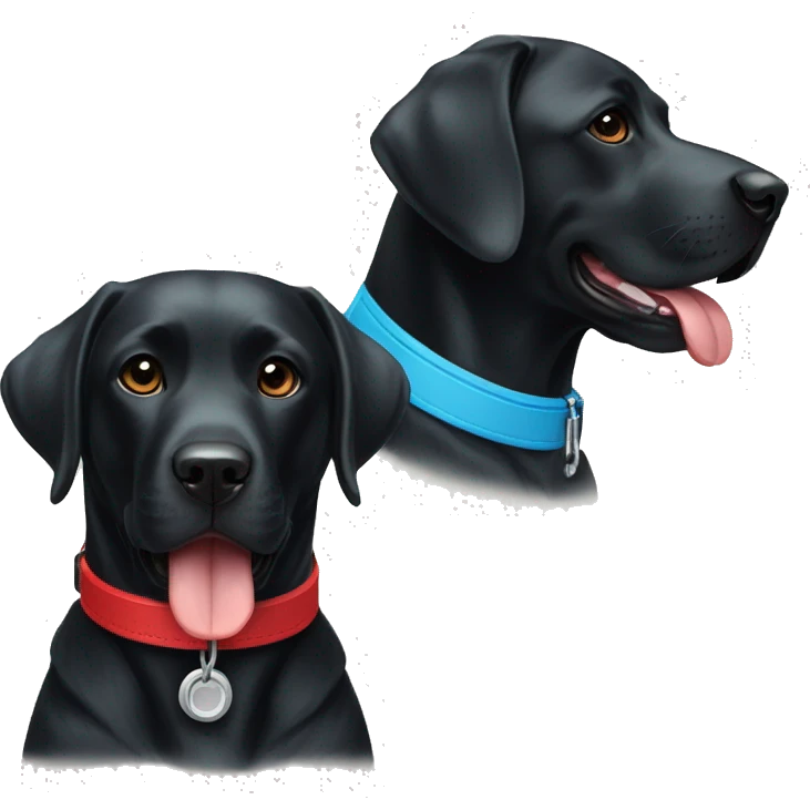 black-coloured labrador on the left with red collar, black-coloured labrador on the right with light blue collar. emoji