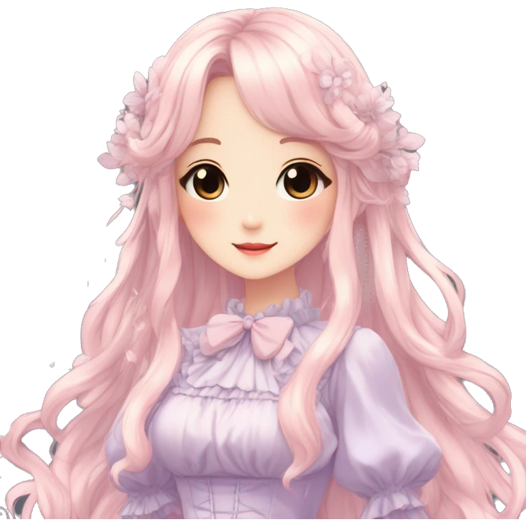 Cute kawaii gorgeous pretty anime pastel lady beautiful hair with gorgeous dress fairycore cottagecore detailed high quality trending aesthetic emoji