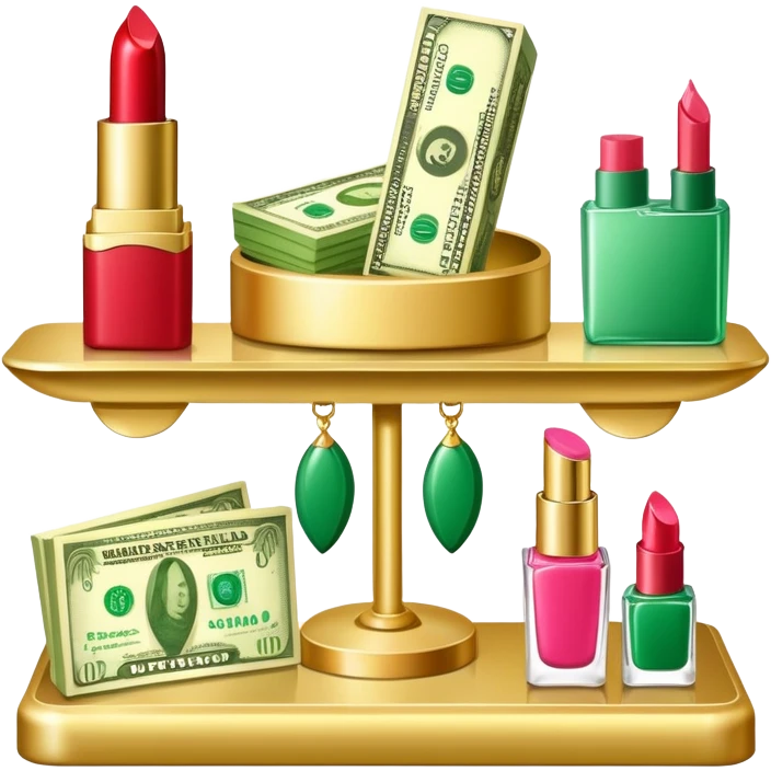 gold scale with left side green dollar bills and right side beauty products lipstick and nail polish, no lips, no extra elements emoji