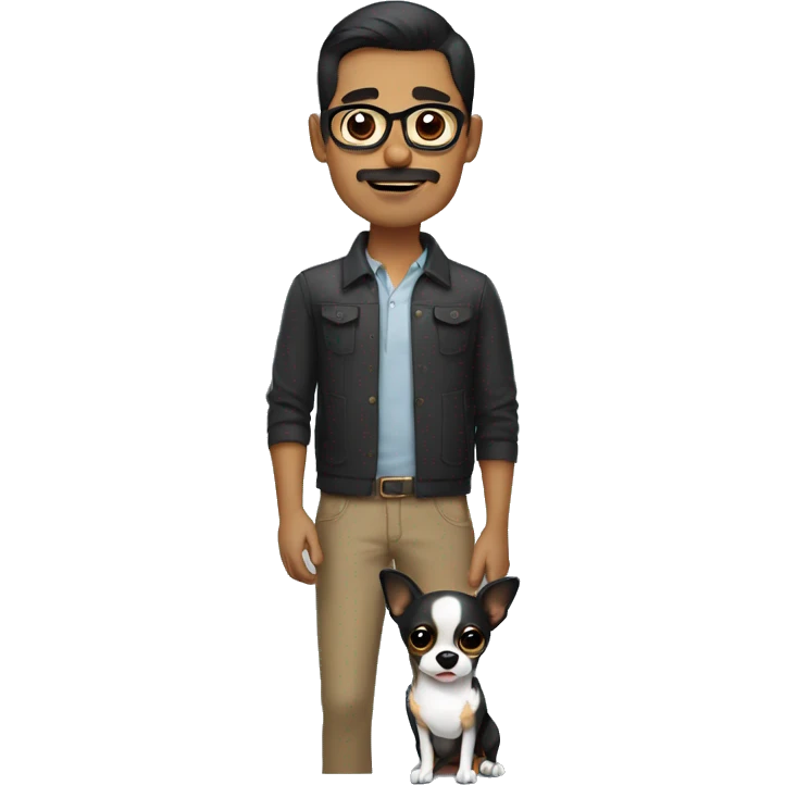 dark hair dark eye man with short mustache wearing glasses holding chihuahua emoji