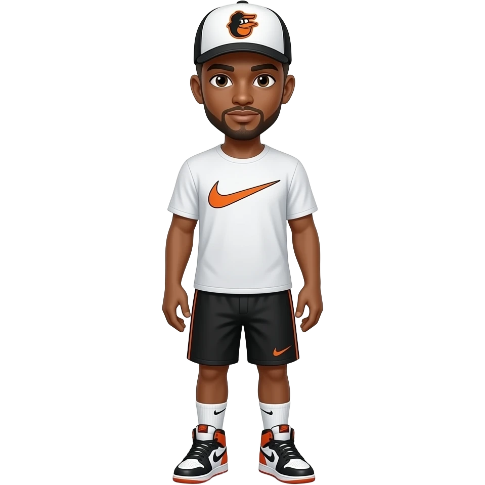 make me a brown skin colored man with brown low taper fade with a white baseball white and the hat says orioles in orange with nike shirt nike sjorts, nike socks, jordan 4’s emoji