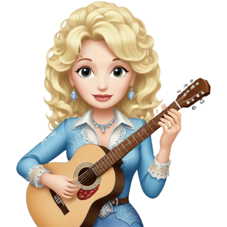 Icon for Country Music: Dolly Parton with her signature blonde curls, wearing a rhinestone-embellished outfit, holding an acoustic guitar. A classic country backdrop with musical notes, emphasizing her legendary status. Transparent background. emoji