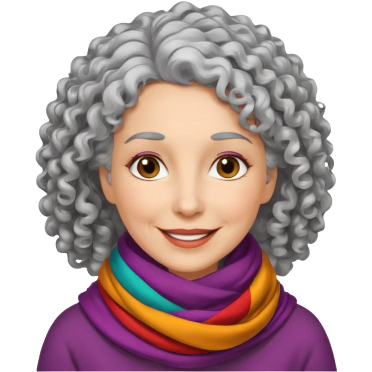 woman in her 50s, curly silver hair, wearing a colorful scarf, warm smile emoji