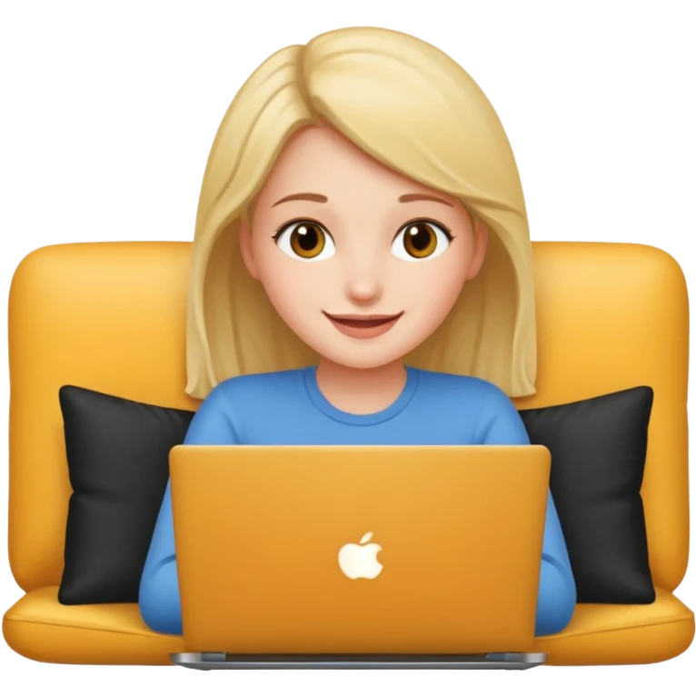 A girl is working with a laptop while lying on the sofa emoji
