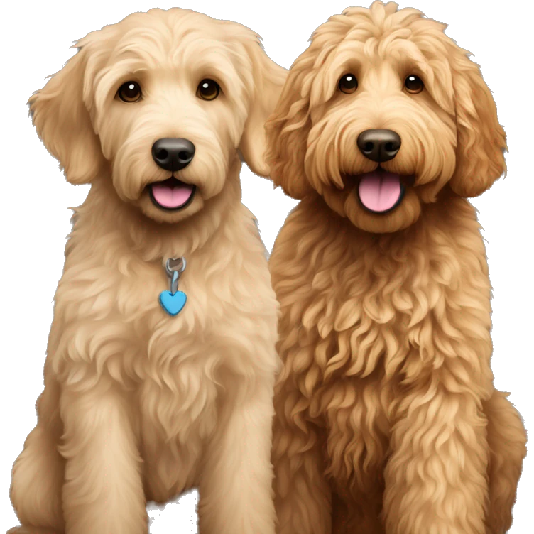 skinny golden labradoodle and big labradoodle playing emoji
