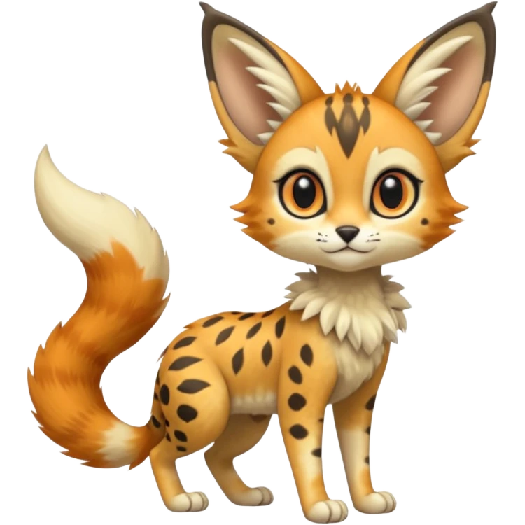 Big-eared big-eyed cute realistic animalistic feral digitigrade 4-legged anime-styled Meloetta-Trico-Vernid-Sergal-Serval-hybrid-fusion-creature-animal, full body emoji