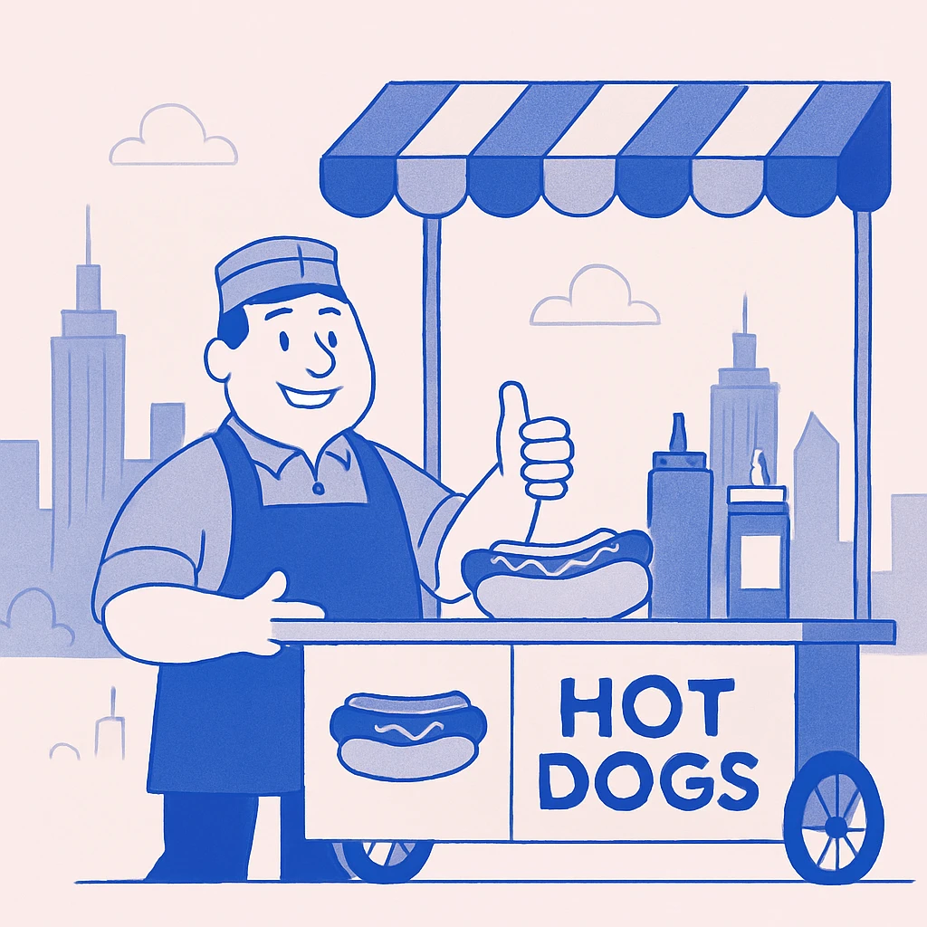 smiling hotdog vendor at street cart with city skyline emoji