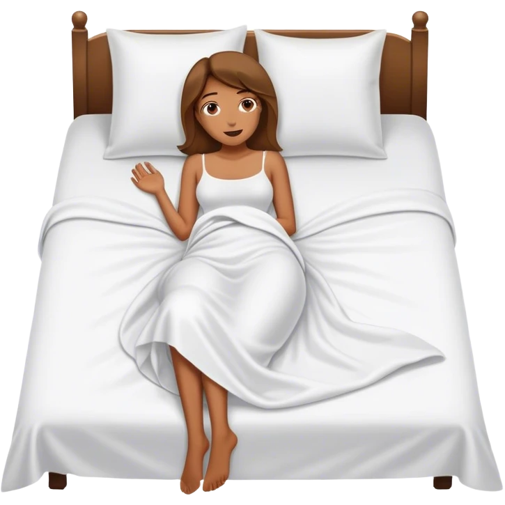 Woman laying on bed with white covers over body legs out emoji