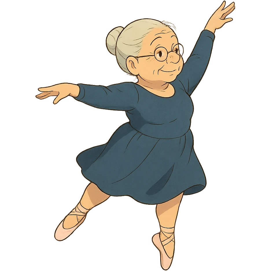 ghibli style illustration of a grandma performing ballet emoji