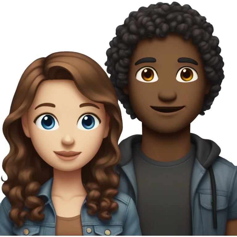 do couples with the girl having medium length dark red hair and blue eyes, skin not super fair but light and the boy having same skin tone, black curly hair and brown eyes. If emojis of them standing do streetstyle clothing for both.  emoji
