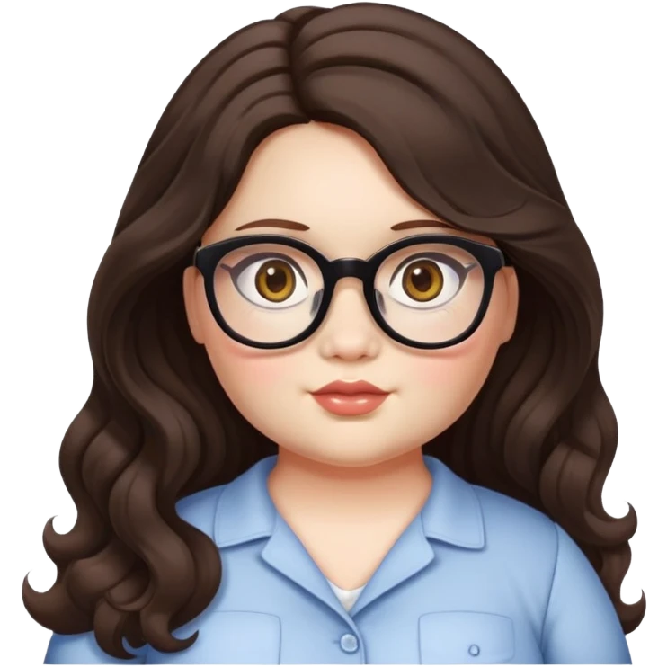  woman, long dark brown wavy hair, very light fair skin, hazel eyes, glasses, very chubby, doll style face, no smile
 emoji