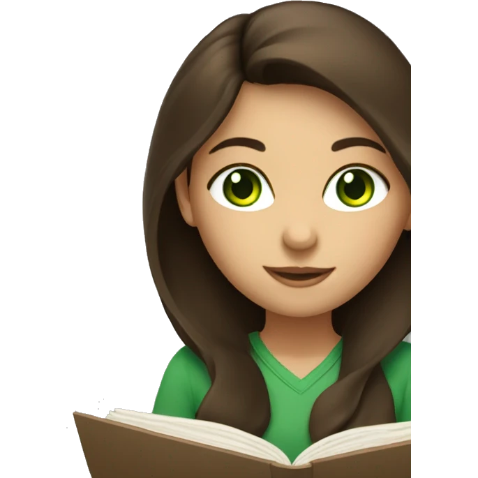 Brunette girl with green eyes studying emoji