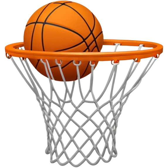 Minimalist orange Spalding basketball going through a white basketball net, swishing through hoop, iOS emoji style emoji