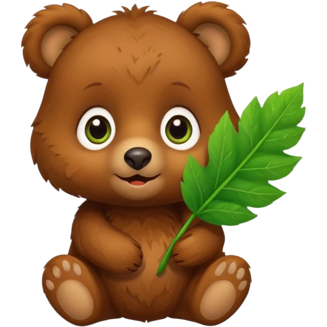 Cute brown little bear with leaf in hand emoji